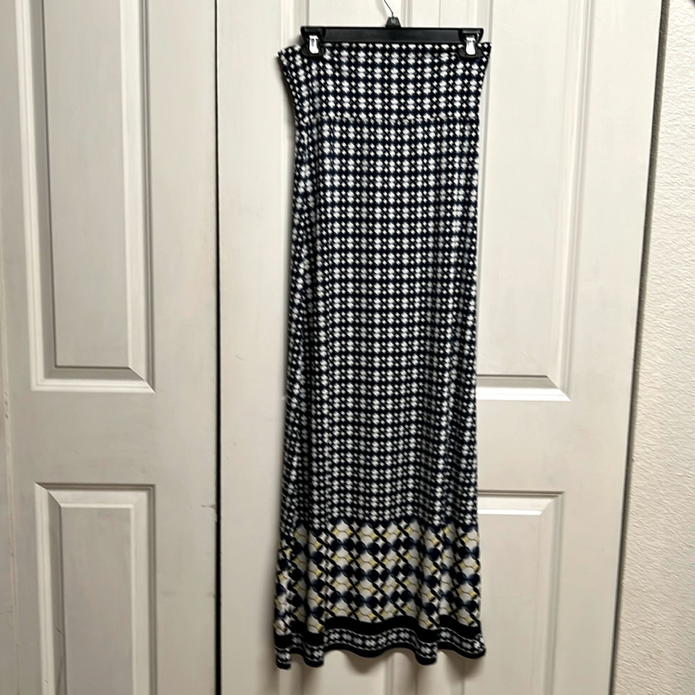 Sophie Max Blue White Yellow Geometric Print Fold Waist Stretch Maxi Shirt XS
